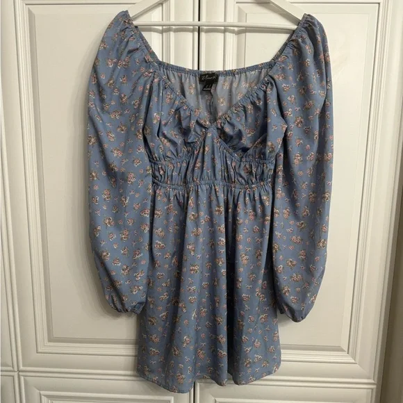Streetwear Society Medium Blue Long Sleeve V-Neck Mini Dress w/Pink Floral Print - Picture 1 of 8